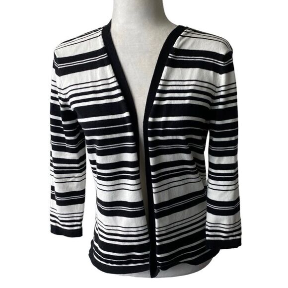 Talbots Womens Open Front Cardigan Black White Striped Sweater SZ M - Picture 1 of 14
